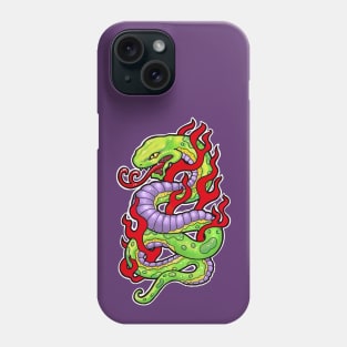 Green and purple snake, with red flames tattoo style Phone Case