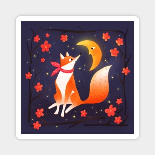 Cute fox , crescent moon and flowers, version 1 Magnet