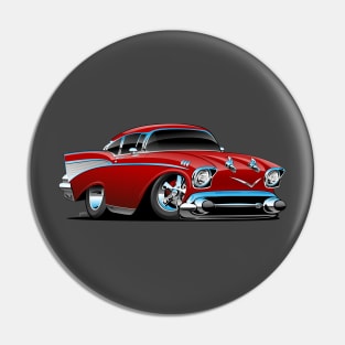 Classic hot rod 57 muscle car, low profile, big tires and rims, candy apple red cartoon Pin