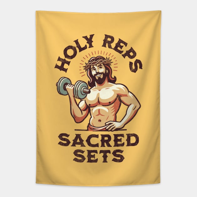 Jacked Jesus: Holy Reps & Sacred Sets. Funny Christian Religious Workout Fitness Weightlifting Humor Tapestry by Lunatic Bear