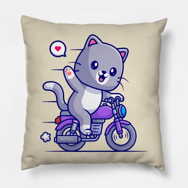 Cute Cat Riding Motorcycle Cartoon Pillow by Catalyst Labs