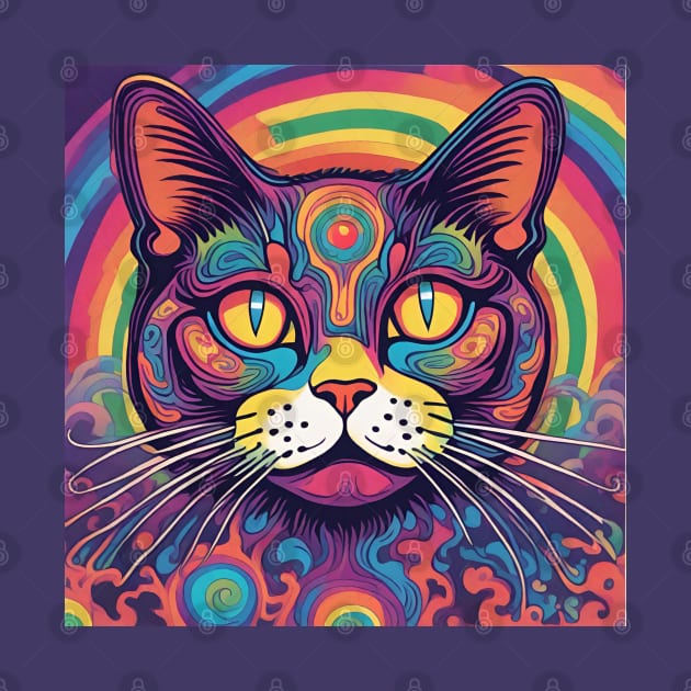 Groovy 70s rainbow colors psychedelic cat by Tina