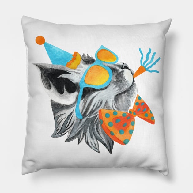 Party Rock Cat in Sunglasses, Bowtie and Party Hat Pillow by Katie Thomas Creative