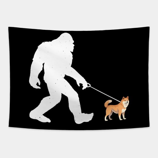 Bigfoot Walking Akita Dog Sasquatch Tapestry by Wakzs3Arts