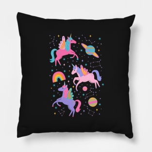 Space Unicorns - Neon Rainbow on Black Pillow