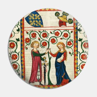 GERMAN POET WITH HIS BELOVED LADY ,MEDIEVAL MINIATURE WITH WILD ROSES Pin