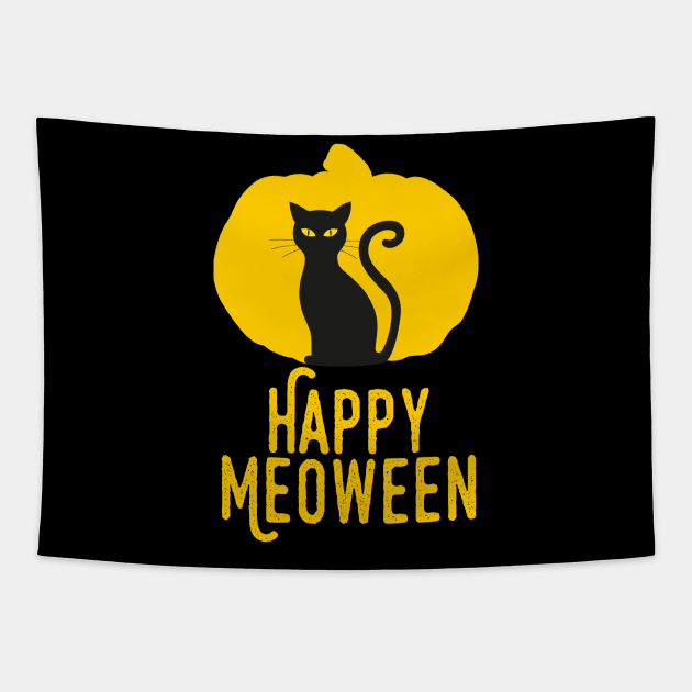 Happy Meoween – Halloween Orange Pumpkin Cat Silhouette Tapestry by HighBrowDesigns