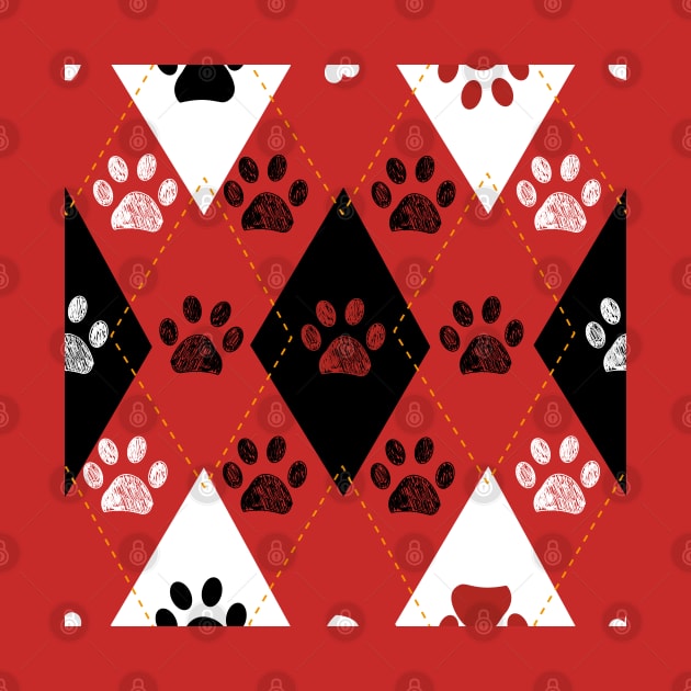 Plaid pattern black and red paw prints by GULSENGUNEL