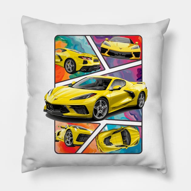 Multiple Angles of the Accelerate Yellow C8 Corvette Presented In A Bold Vibrant Panel Art Display Supercar Sports Car Racecar Accelerate Yellow Corvette C8 Pillow by Tees 4 Thee