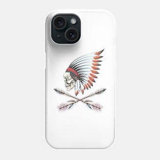 Human skull wearing native American war bonnet Phone Case