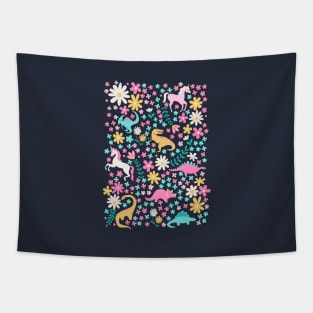 Floral Burst of Dinosaurs and Unicorns in Neon Tapestry