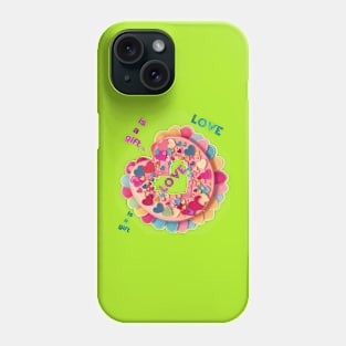 Love is a gift: A typography design of a heart filled with colorful hearts Phone Case