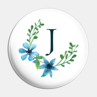 Floral Monogram J Pretty Blue Flowers Pin