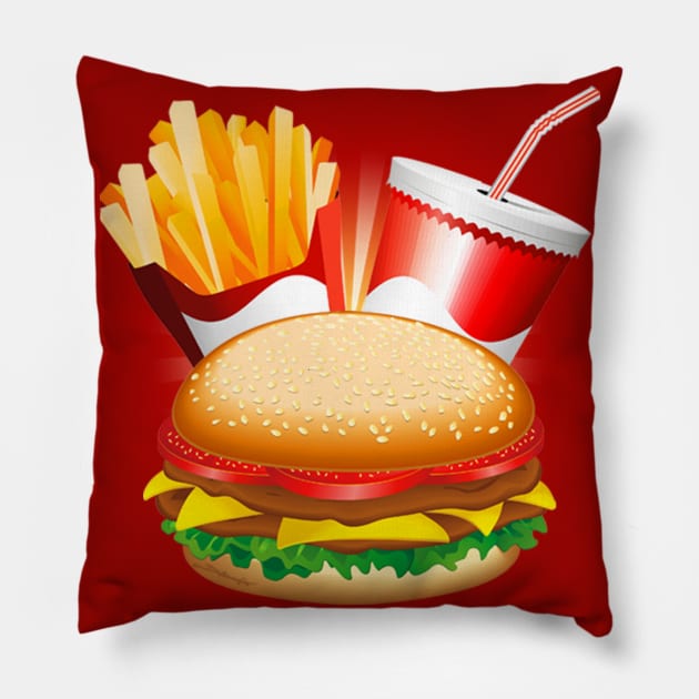 Fast Food Hamburger Fries and Drink Pillow by BluedarkArt