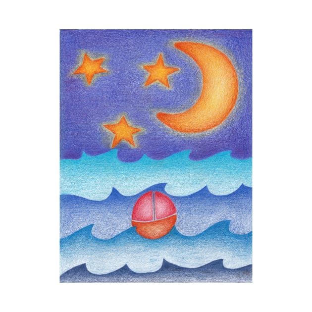 Sailing boat at sea at night with the moon and stars by SeaAndLight