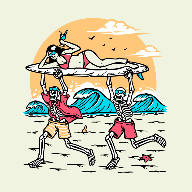 Fun Day at the Beach // Skeletons Carry Bikini Clad Woman on Surfboard by SLAG_Creative