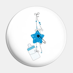 Hanging blue baby bottle, safety pin, star baby arrival Pin