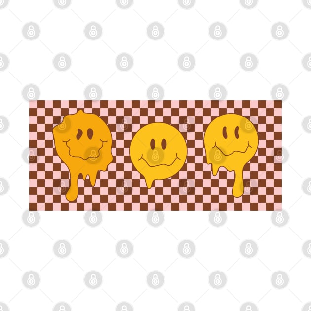 Hippie groovy melting smile faces on checkered background with distorted squares. Psychedelic Melted Smiley Face pattern. by CoCoArt-Ua