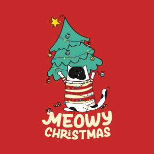 Funny Meowy Christmas Tuxedo Cat Xmas Tree T-Shirt