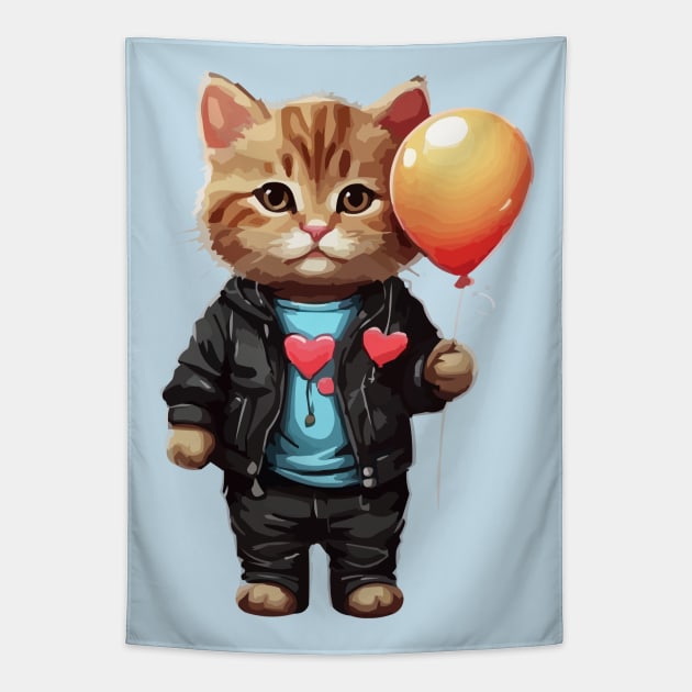 Cat Holding a Balloon Tapestry by Art-Jiyuu