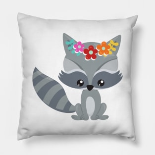 Spring Animals, Cute Raccoon, Colorful Flowers Pillow