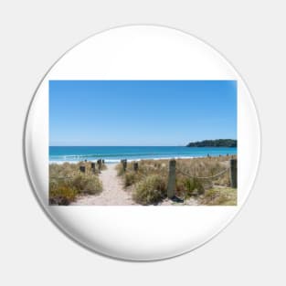 Bollards and ropes line sand track through dunes to Main Beach Mount Maunganui Pin