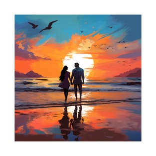 Romantic Couple Sunset Lover Beach Evening Valentines Anniversary Watercolor T-Shirt