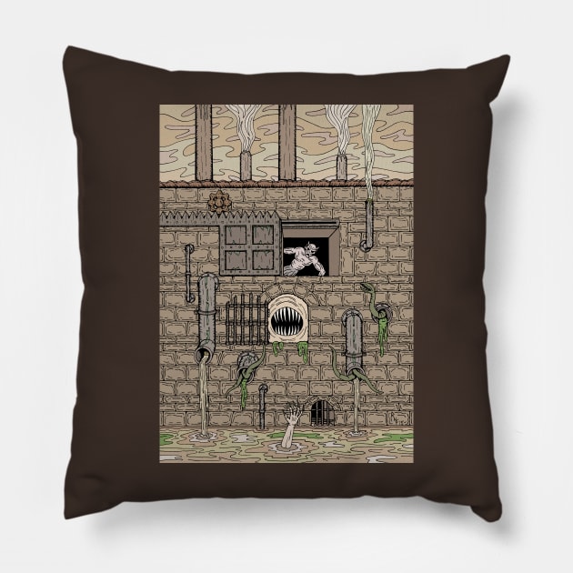 Nightmare Factory Weird Horror Art Pillow by AzureLionProductions