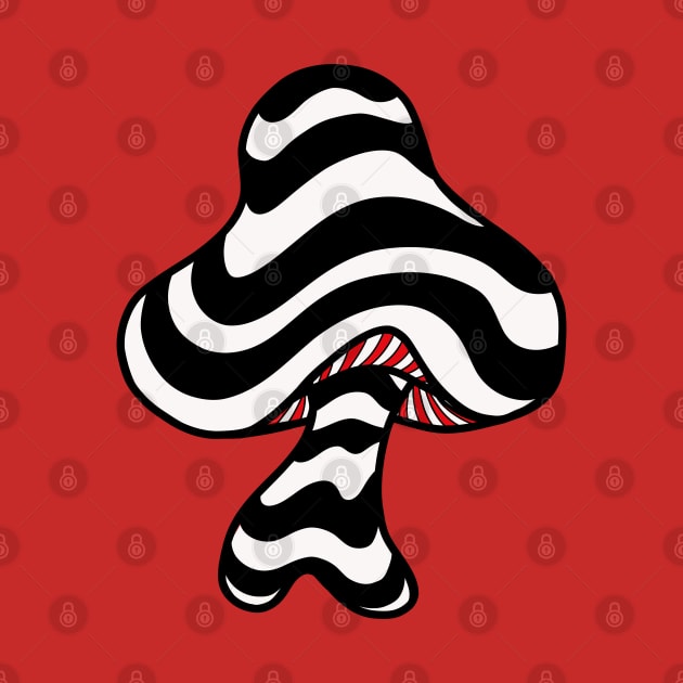 The Perfect Mushroom: Exotic Trippy Wavy Black and White Psychedelic Stripes Contour Lines with Red Underbelly by Ciara Shortall Art