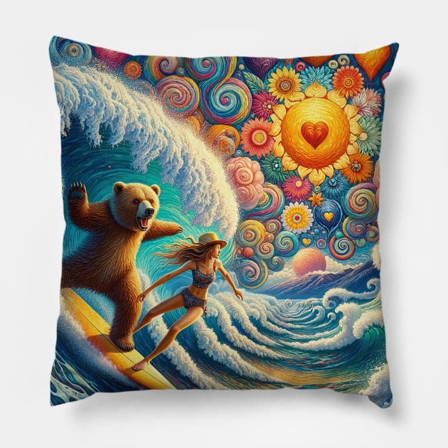 Surfer Girl with Bear Pillow by Sideways Tees