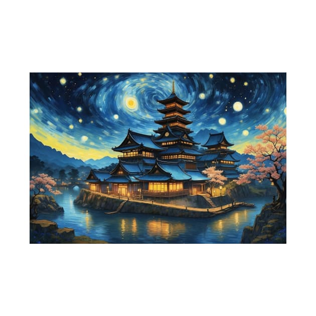 Vintage Japanese Retro Castle Art by Flowering Away