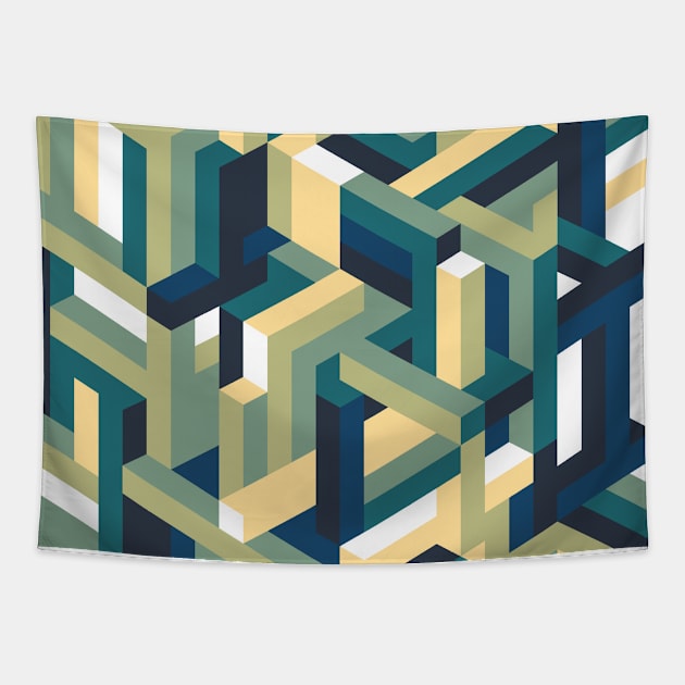 Blue and Green Isometric Maze Tapestry by KimVanG