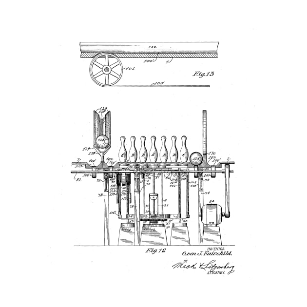 Automatic Bowling Mechanism Vintage Patent Hand Drawing by TheYoungDesigns