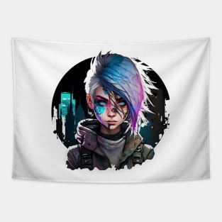 Purple Light Cyber Punk Girl in Night City Tapestry