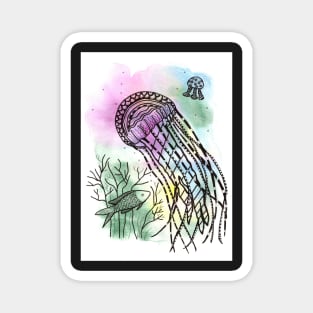 Jellyfish doodling with watercolor and ink Magnet