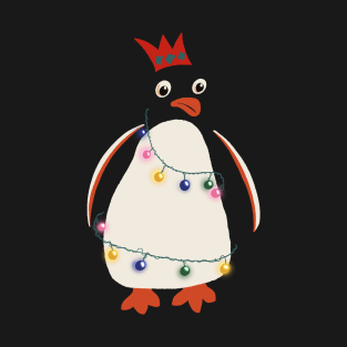 Funny Cartoon Christmas Penguin wrapped in Fairy Lights and Wearing Paper Xmas Hat T-Shirt