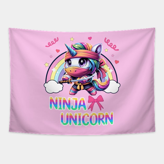 Ninja Unicorn: Rainbow Unicorn in Coquette Aesthetic, Japanese Martial Arts Fighter Tapestry by Annie