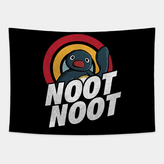 Noot Noot Funny Penguin Meme Vintage Rainbow Distressed Tapestry by A Comic Wizard