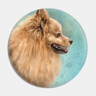 Painting of a Pomeranian Do with Golden Fur on Turquoise Background Pin