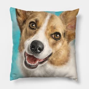 Painting of a Happy Adorable Corgi Dog on Blue Background Pillow