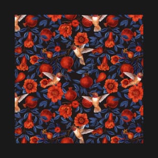 Pomegranates and hummingbirds, blue and red T-Shirt