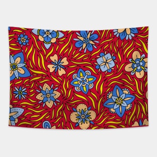 Blue and Orange Flowers Tapestry