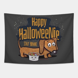 Funny and spooky Halloweenie Doxie Dachshund with staying Brave for trick or treating on Halloween tee Tapestry