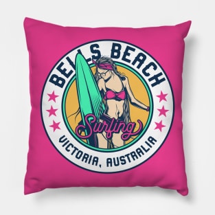 Retro Surfer Babe Badge Bells Beach Victoria, Australia Pillow