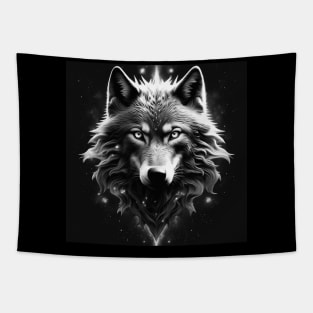 Black and White Cosmic Wolf Tapestry