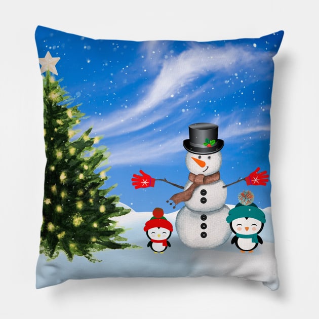 Cute Christmas snowman and penguins friends Pillow by MandySJ