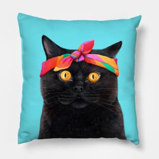 Black cat with bandana Pillow