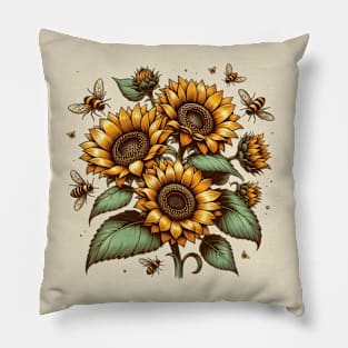 Vintage Sunflowers & Bees Botanical Pillow