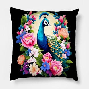 A Cute Peacock Surrounded by Bold Vibrant Spring Flowers Pillow