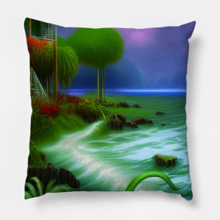 Magical Landscape featuring Sea and Plants, Tropical Beach Pillow